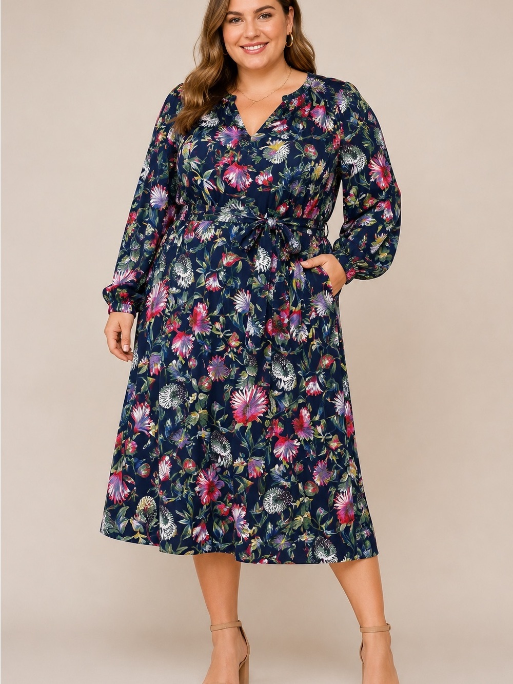J.Crew 3X Navy Floral Long Sleeve Tie Waist Midi Dress Plus Size